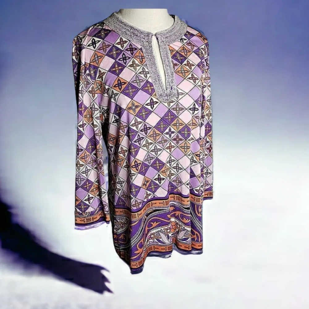 Tory Burch Silk Jersey Knit Tunic Beaded Neckline Preppy Morrocan Resort Cruise